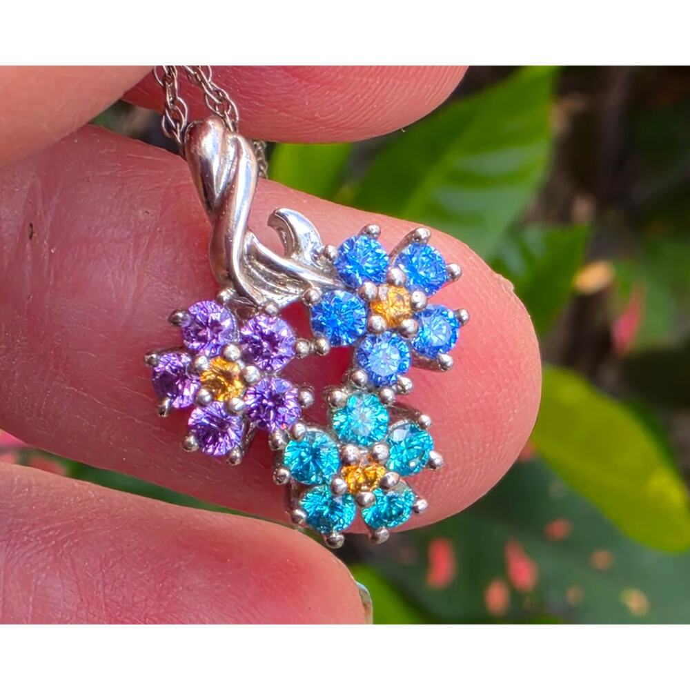 Vintage Sterling Silver & Colorful Cubic Zirconia Flower Necklace, 18" Chain